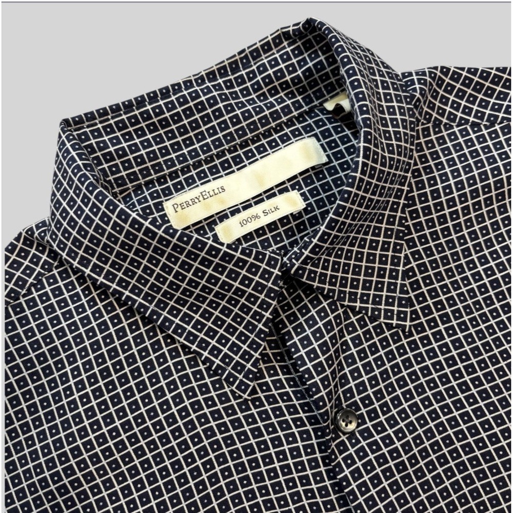 Perry Ellis Men's Large Silk Short Sleeve Button Up Grid Check Print